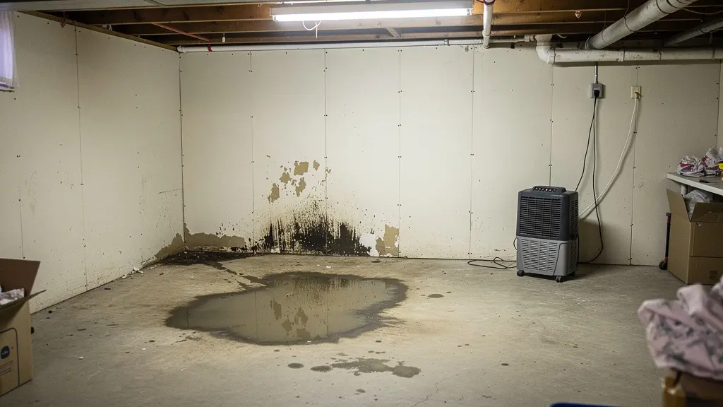 Dégât d'eau visible dans sous-sol résidentiel québécois après fuite plomberie