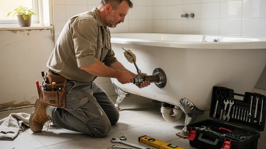 Plombier canadien installant raccords drainage nouvelle baignoire lors rénovation