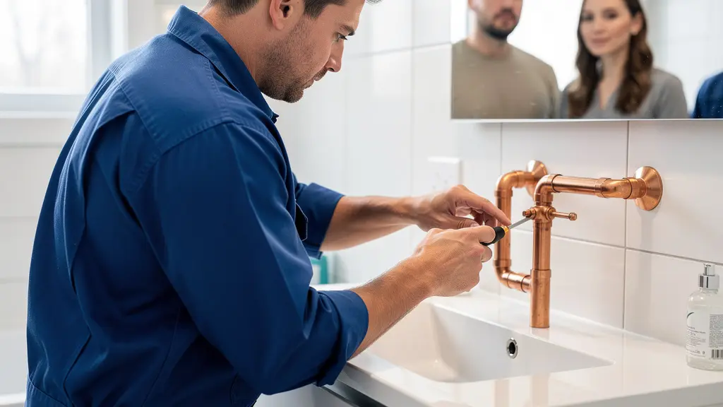 Plombier professionnel québécois inspectant tuyauterie lors rénovation salle de bain résidentielle