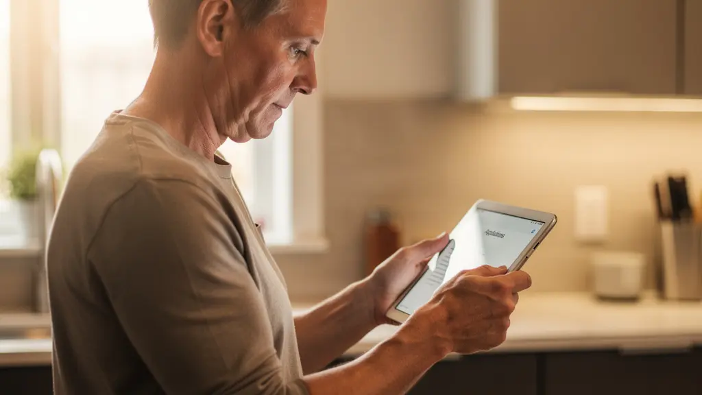 Propriétaire vérifiant licence RBQ entrepreneur sur tablette numérique