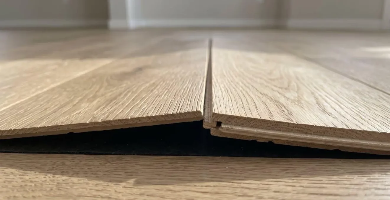 Gros plan sur lames de plancher flottant soulevées montrant espace entre plancher et sous-couche, lumière rasante révélant déformation structurelle