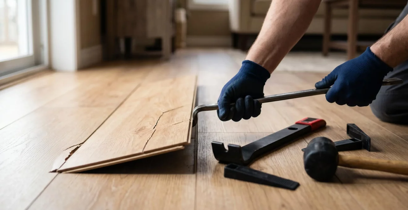 Mains gantées retirant lame de plancher flottant endommagée avec tire-lame métallique, outils spécialisés et lames adjacentes intactes visibles