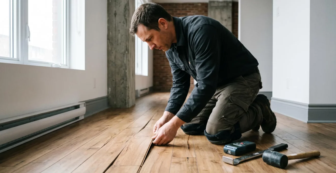 Technicien à genoux inspectant lames de plancher flottant endommagées dans salon résidentiel, outils de réparation visibles, lumière naturelle