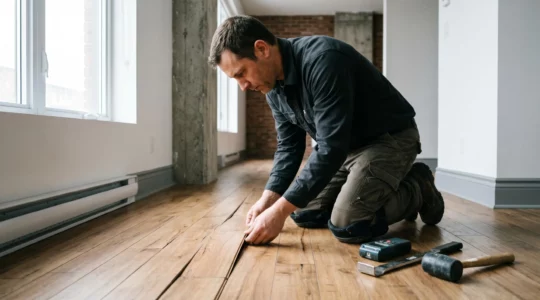Technicien à genoux inspectant lames de plancher flottant endommagées dans salon résidentiel, outils de réparation visibles, lumière naturelle