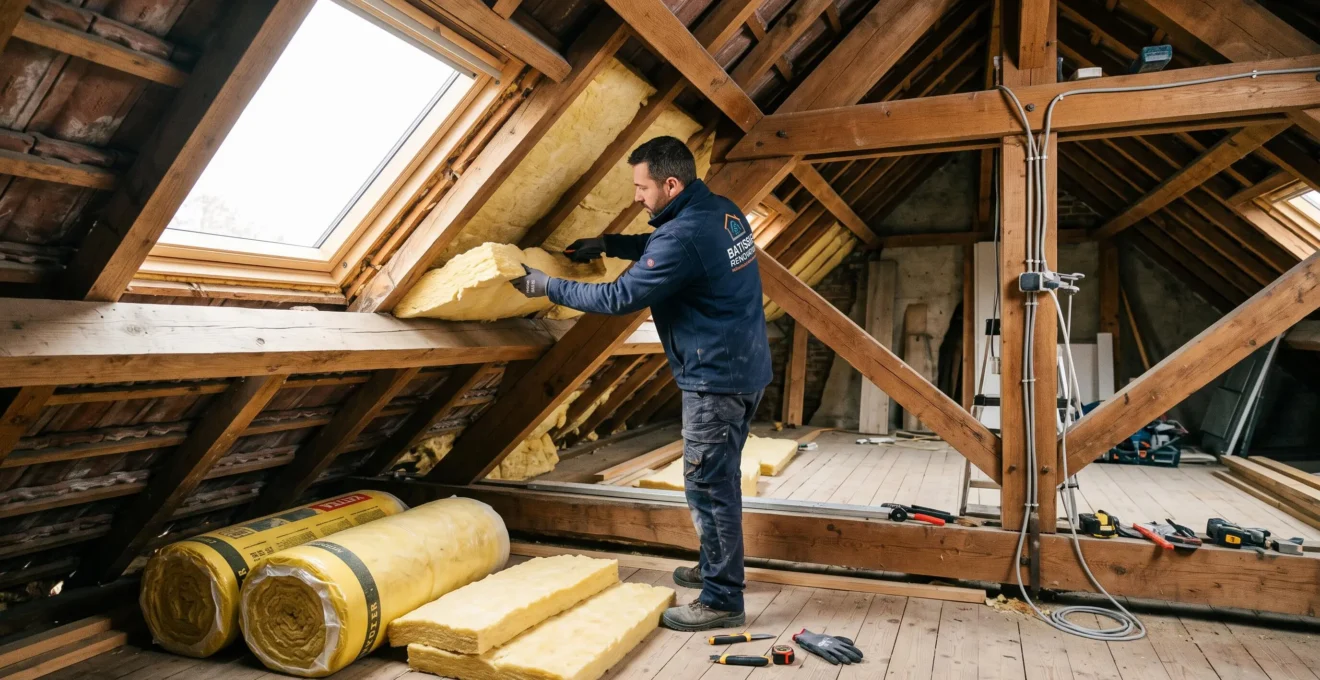 Artisan professionnel installant des panneaux d'isolation thermique entre les chevrons de combles d'une maison individuelle, avec rouleaux d'isolant et outils métier au premier plan, lumière naturelle d'une lucarne