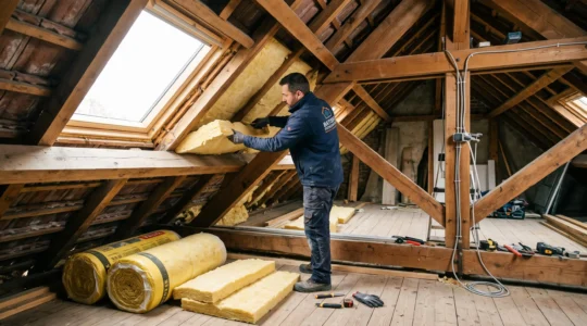 Artisan professionnel installant des panneaux d'isolation thermique entre les chevrons de combles d'une maison individuelle, avec rouleaux d'isolant et outils métier au premier plan, lumière naturelle d'une lucarne