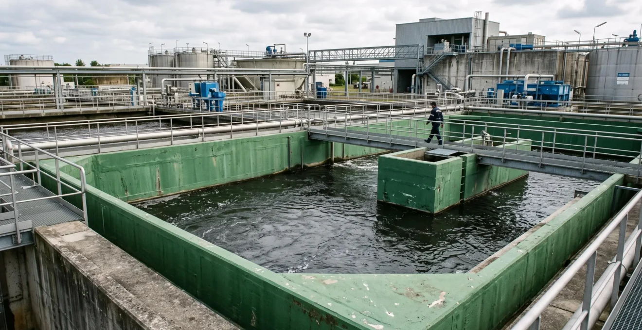 Bassin de rétention industriel avec revêtement protecteur dans une installation de traitement des eaux