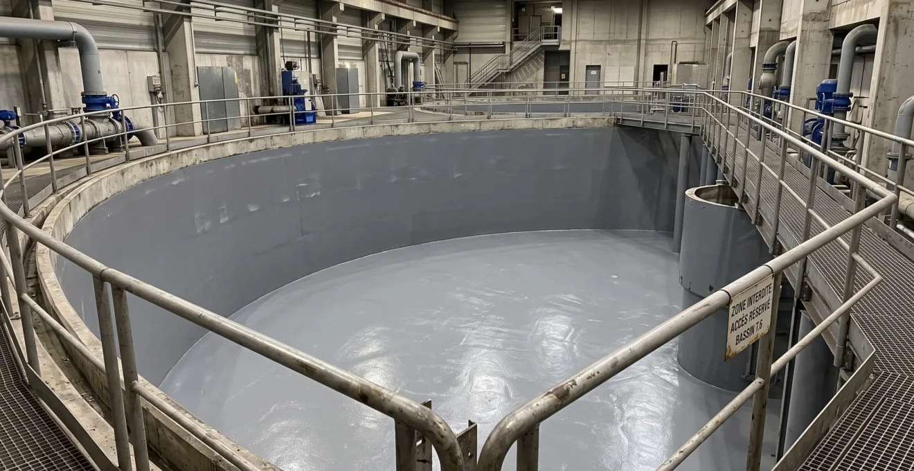 Bassin de rétention industriel avec revêtement protecteur dans une installation de traitement des eaux