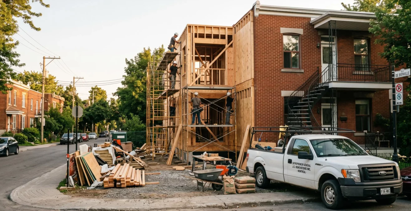 Chantier d'agrandissement latéral en construction sur une maison unifamiliale typique de Montréal, avec échafaudages, matériaux de construction et camionnette d'entrepreneur dans un quartier résidentiel arboré