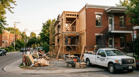 Chantier d'agrandissement latéral en construction sur une maison unifamiliale typique de Montréal, avec échafaudages, matériaux de construction et camionnette d'entrepreneur dans un quartier résidentiel arboré