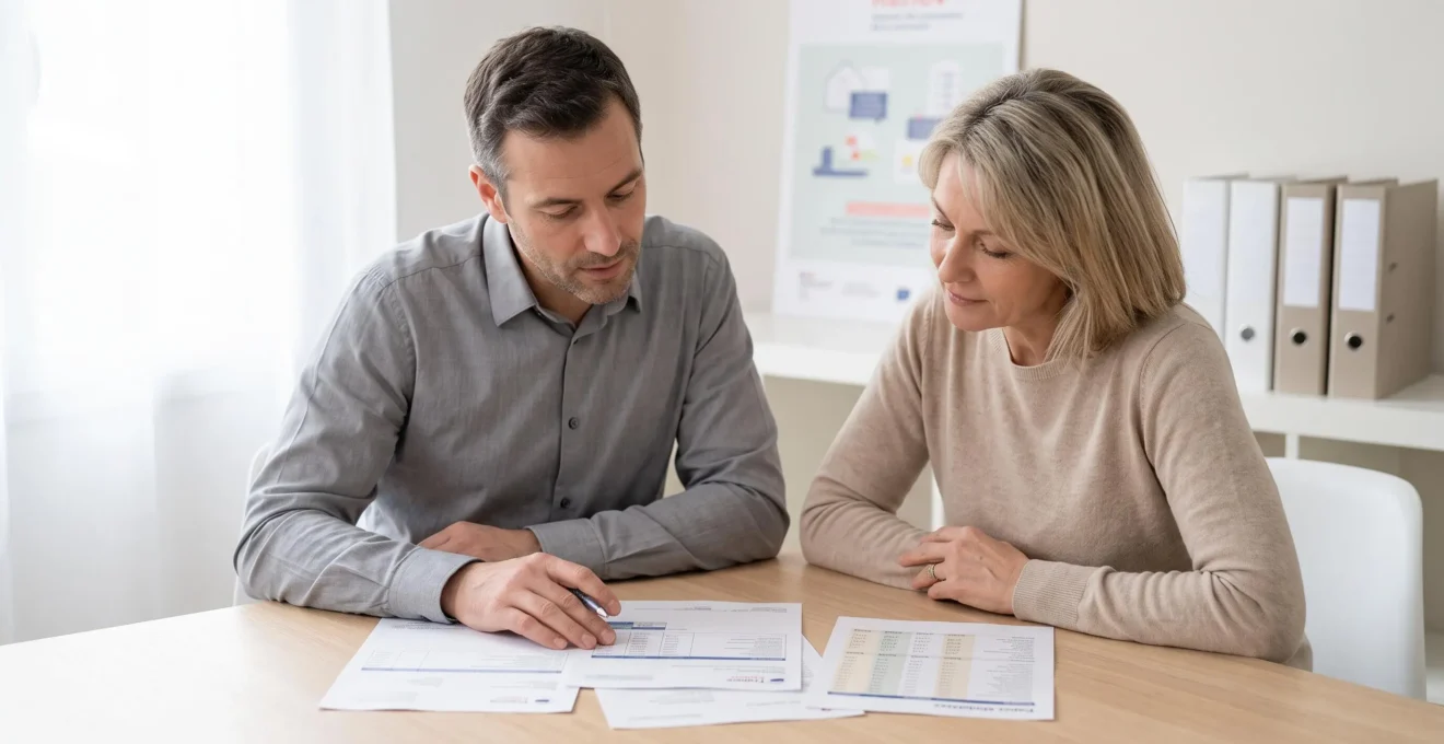 Conseiller France Rénov et propriétaire examinant ensemble devis et documents fiscaux sur table de bureau pour calcul crédit impôt ITE