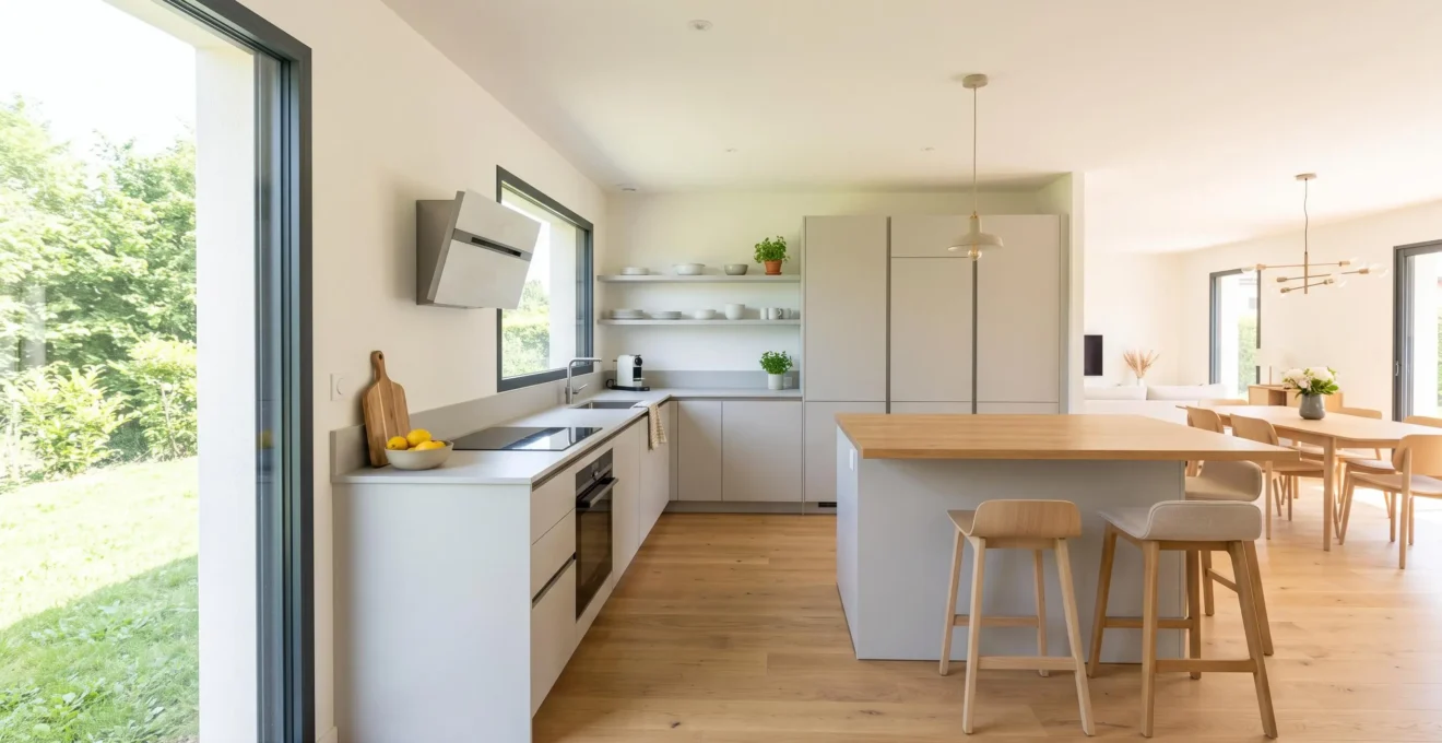 Cuisine moderne rénovée dans une maison individuelle avec meubles épurés blancs, plan de travail sobre, électroménager encastré et lumière naturelle abondante, décor neutre et fonctionnel