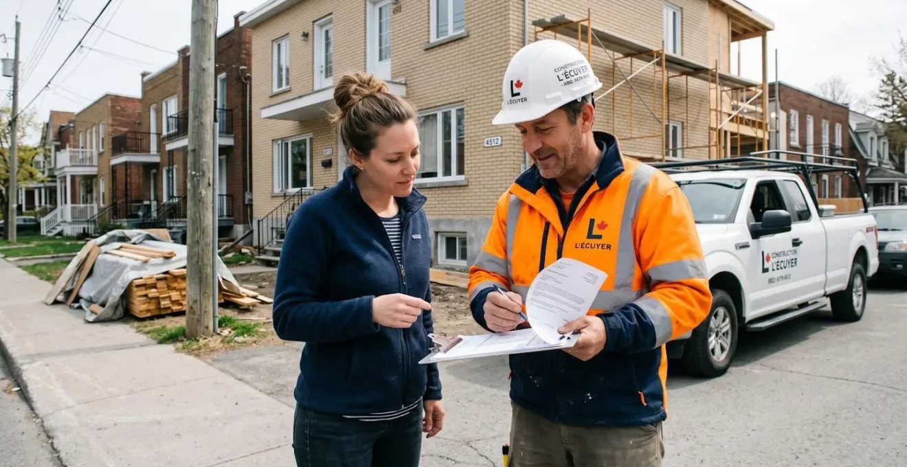 Entrepreneur certifié RBQ et propriétaire consultant ensemble une soumission détaillée devant une maison résidentielle en projet d'agrandissement