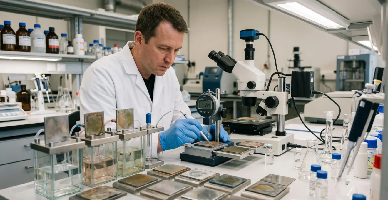 Laboratoire de tests matériaux avec échantillons de revêtements et technicien effectuant des contrôles de résistance chimique