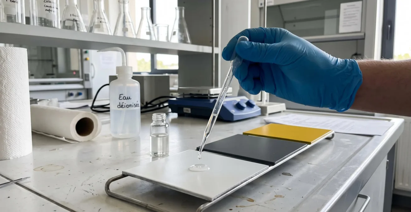 Laboratoire de tests matériaux avec échantillons de revêtements et technicien effectuant des contrôles de résistance chimique