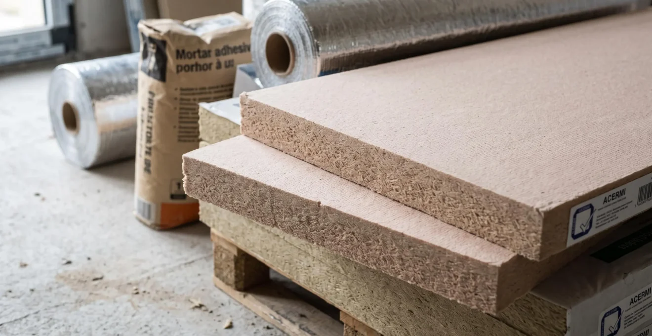 Panneaux de laine de roche isolante empilés sur palette de chantier, révélant texture fibreuse et certification matériaux