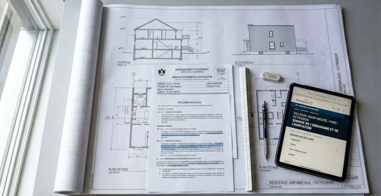 Plans architecturaux et documents de permis de construction de la Ville d'Outremont étalés sur une table de travail avec règle d'échelle et tablette numérique