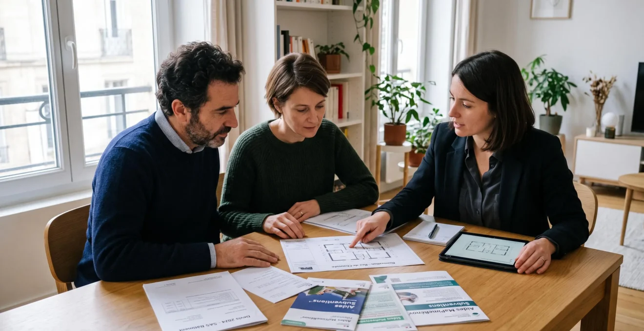 Rendez-vous de conseil en rénovation entre un couple de propriétaires et un professionnel, assis autour d'une table avec documents techniques (plans, devis), main du conseiller pointant un élément du document, regards concentrés sur les documents