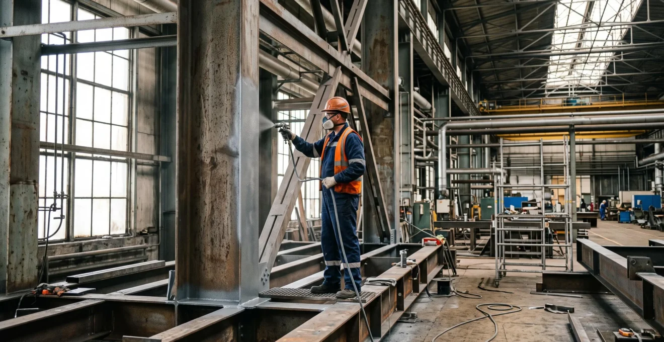 Technicien en équipement de protection appliquant un revêtement industriel sur une structure métallique dans un environnement industriel avec éclairage naturel