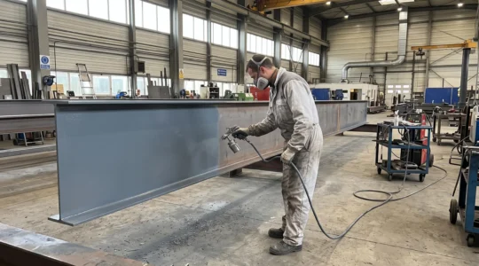 Technicien en équipement de protection appliquant un revêtement industriel sur une structure métallique dans un environnement industriel avec éclairage naturel
