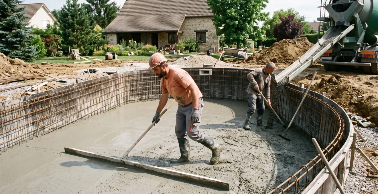 Maçons coulant et répartissant le béton dans la structure d'une piscine en chantier dans un jardin résidentiel, avec ferraillage visible.