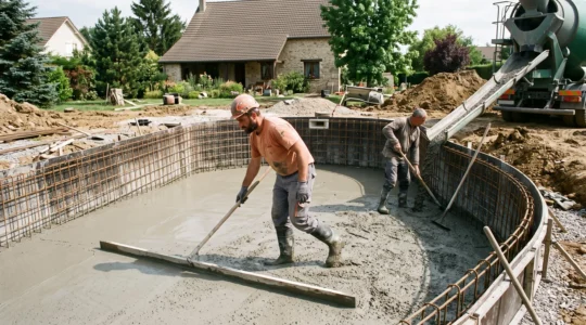 Maçons coulant et répartissant le béton dans la structure d'une piscine en chantier dans un jardin résidentiel, avec ferraillage visible.