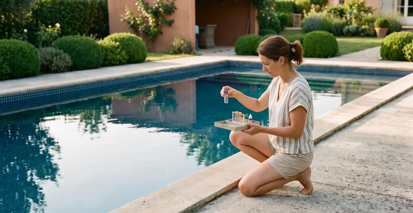 Une propriétaire teste la qualité de l'eau au bord d'une piscine béton achevée, entourée d'une plage en pierre et d'un jardin entretenu.